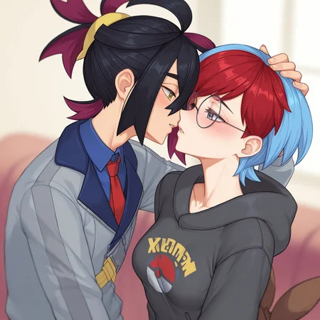 1boy, 1girl, duo,
penny \(pokemon\), medium hair, alternate hairstyle, multicolored hair, blue hair, red hair, two-tone hair, grey eyes, hoodie, (small breasts, medium breasts:1.2), circular glasses,
kieran \(pokemon\), black hair, yellow eyes, blue collared shirt, necktie,
(hakusyokuto:0.5), (qtori:0.8), (cutesexyrobutts:0.3),
extremely detailed, facing each other, intimate, imminent kiss, hand another's head, blush, aged up, older, (depth of field:1.2),
(very awa, very aesthetic, masterpiece, best quality, absurdres:1.2),