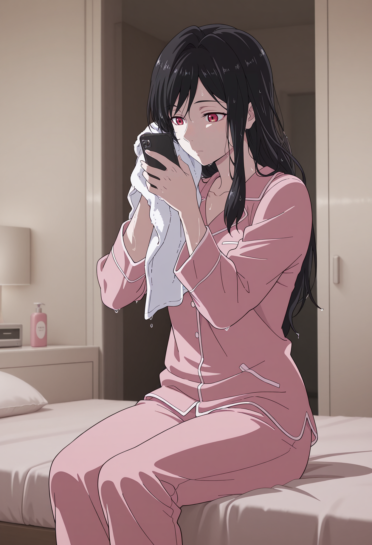 1girl,solo,mm,mature female,black hair,long hair,red eyes,anime coloring,
after bathing, pink pajamas, wet hair,drying hair, towel,sitting,on bed,indoors,holding phone, phone
,masterpiece,best quality,amazing quality,<lora:Aiyou_Xu-Aiyou_de_Mishi:0.8>