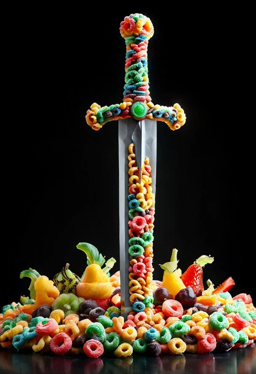 A photorealistic image of a majestic sword made of fruit loops,
intricate details, dramatic composition, tension, contrast, texture, realism, high quality, stunning art, film grain, volumetric lighting, detailed, 
simple background, black background,