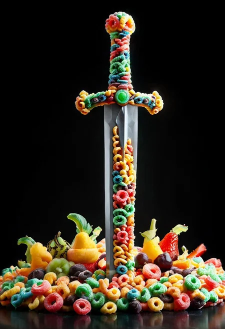 A photorealistic image of a majestic sword made of fruit loops,
intricate details, dramatic composition, tension, contrast, texture, realism, high quality, stunning art, film grain, volumetric lighting, detailed,
simple background, black background,