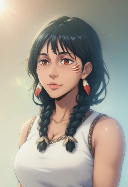 score_9, score_8_up, score_7_up, source_anime, intricate details, anime screencap, perfect balance, official art, extremely detailed CG unity 8k wallpaper, perfect lighting, Colorful, Warm_Front_face_Lighting, (masterpiece:1.0),(best_quality:1.0), ultra high res,4K,ultra-detailed, photography, 8K, HDR, highres, absurdres:1.2, Kodak portra 400, blurry background, bokeh, lens flare, (Anime) (vibrant_color:1.2), professional photograph, night, (cute_face:1.2), 2d, anime, upper body, intricate iris, American, Professional character design, 1girl, female focus, (Orange eyes), perfect eyes, (black-hair), Native American, Indigenous, American Indian, youthful, solo, jujutsu_kaisen_style, character portrait, (perfect-lighting), face, young, (Dark-black-hair), Long hair, (Native American), Indigenous, American Indian, (((wild eyes))), (Native North American), (Upturned eyes), (high cheekbones), (strong jawline), (Black Hair), ((((Native-American-Eagle-feather-braids, Native American Eagle feather accessories)))), (((wild eyes))) ((Bobbed Bangs)) (((Slanted-Eyes))) (Psycho) (Happy) (Inuit Clothing), (Sleeveless Parka) (Warpaint), (Redwood Forest, Pacific Northwest Forests), (Inuit), (Tan skin), (Dark Skin), (Brown skin), (bobbed hair), White Eagle-Feather-Earrings, Thick Bangs, Bobbed hair, Bob-cut, White-Feather-Earrings, Brown-skin, Inuit Face-paint, Full-Bangs, Wide-Bangs, Thick-Hair, Native Face-paint, cleavage, Psycho, Yandere, big irises, Big eyes, (Sleeveless Parka, Fur-lined)