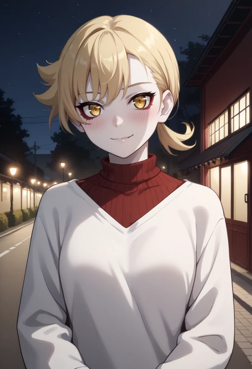 score_9, score_8_up,
1girl, <lora:KieHarimaze_OffSeason_PDXL:0.7>, vampkie, blonde hair, yellow eyes, single sidelock, pale skin, single sidelock,
sweater,
slight smile, blush,
outdoors, night