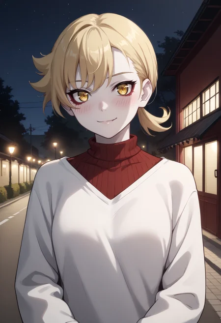 score_9, score_8_up,
1girl, <lora:KieHarimaze_OffSeason_PDXL:0.7>, vampkie, blonde hair, yellow eyes, single sidelock, pale skin, single sidelock,
sweater,
slight smile, blush,
outdoors, night