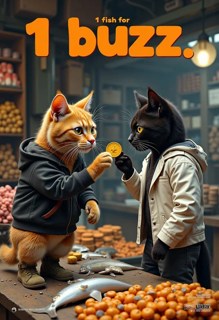 a realistic picture,((((Display the text " 1 fish for buzz, " on top a movie poster))))
Movie poster of fish transaction between orange cat and black cats, ((orange cats wearing pants , military boots and wearing black hoodie, and the orange cats standing in front fish stall in market, the black cat wearing white casual suit,))the black cat buy fish in orange cats stall ,the black cat hand offer BUZZ COIN,( the usual stacks of cash Instead, the shelves are lined with small, neatly arranged coins, each shaped like a tiny, stylized orange lightning bolt. The coins are labeled as "Buzz." )) to a fishmonger cat, 8k, ultra detailed, at the market, <lora:cashbaba:0.6> <lora:xl_more_art-full_v1:0.5> I background: traditional fish market ,his two paws are grasping onto a bright yellow buzz coin,that is almost his size as he is trying to drag it off the counter top, logo:1.9 <lora:Harrlogos_v2.0:1.9>, (full body shots),