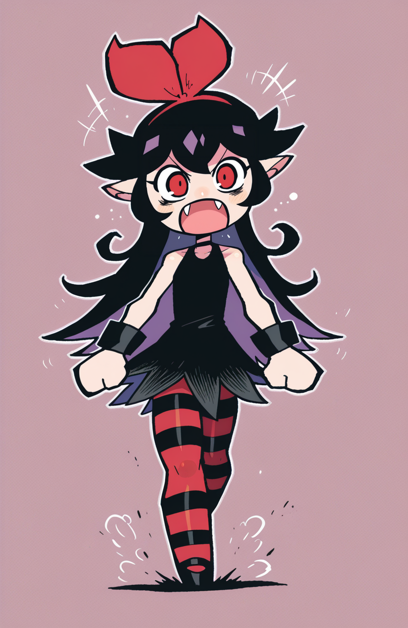 1girl, solo, <lora:rariatoo:1> rariatto, chibi, chibi only, 
zakuro \(rariatto\), petite, long hair, black hair, red hair bow, black dress, striped pantyhose, black footwear, mary janes, sleeveless, black wrist cuffs, fangs,
standing, rapid step forward, determined expression, kinetic vibe, driving force, extremely detailed, highres, masterpiece, best quality