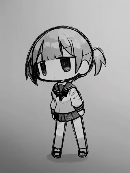 petite, small, manga, black and white, no color, school girl, cross-hatch shading, pencil sketch,