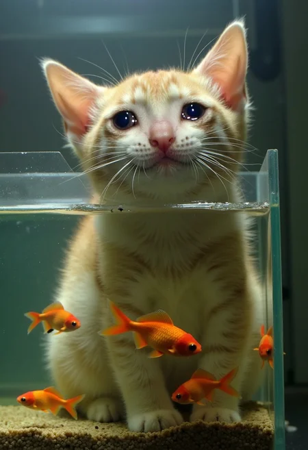 realistic photo of crying cat in a small aquarium, the cat's head is above water, fish are swimming in the aquarium