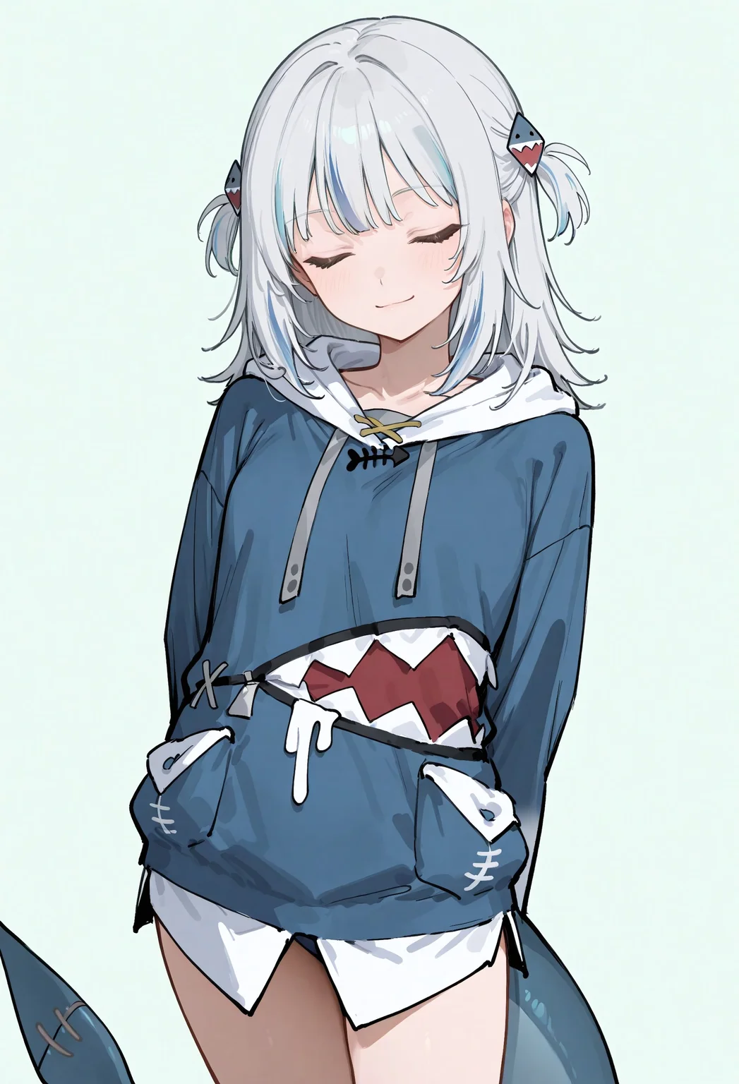 BREAK depth of field, ambience sense, anime eyes, detailed anime eyes
BREAK blue hoodie, shark print, shark hair ornament, two side up, wide sleeves, drawstring, grey hair, streaked hair, blue eyes, shark tail, blue nails, ma1ma1helmes_b_illu,sketch, 7481llu
BREAK simple background, light green background, arms behind back, light smile, looking at viewer, closed eyes, light smile, light blush
BREAK masterpiece, best quality, very aesthetic, very awa, amazing quality, absurdres, newest, very aesthetic
