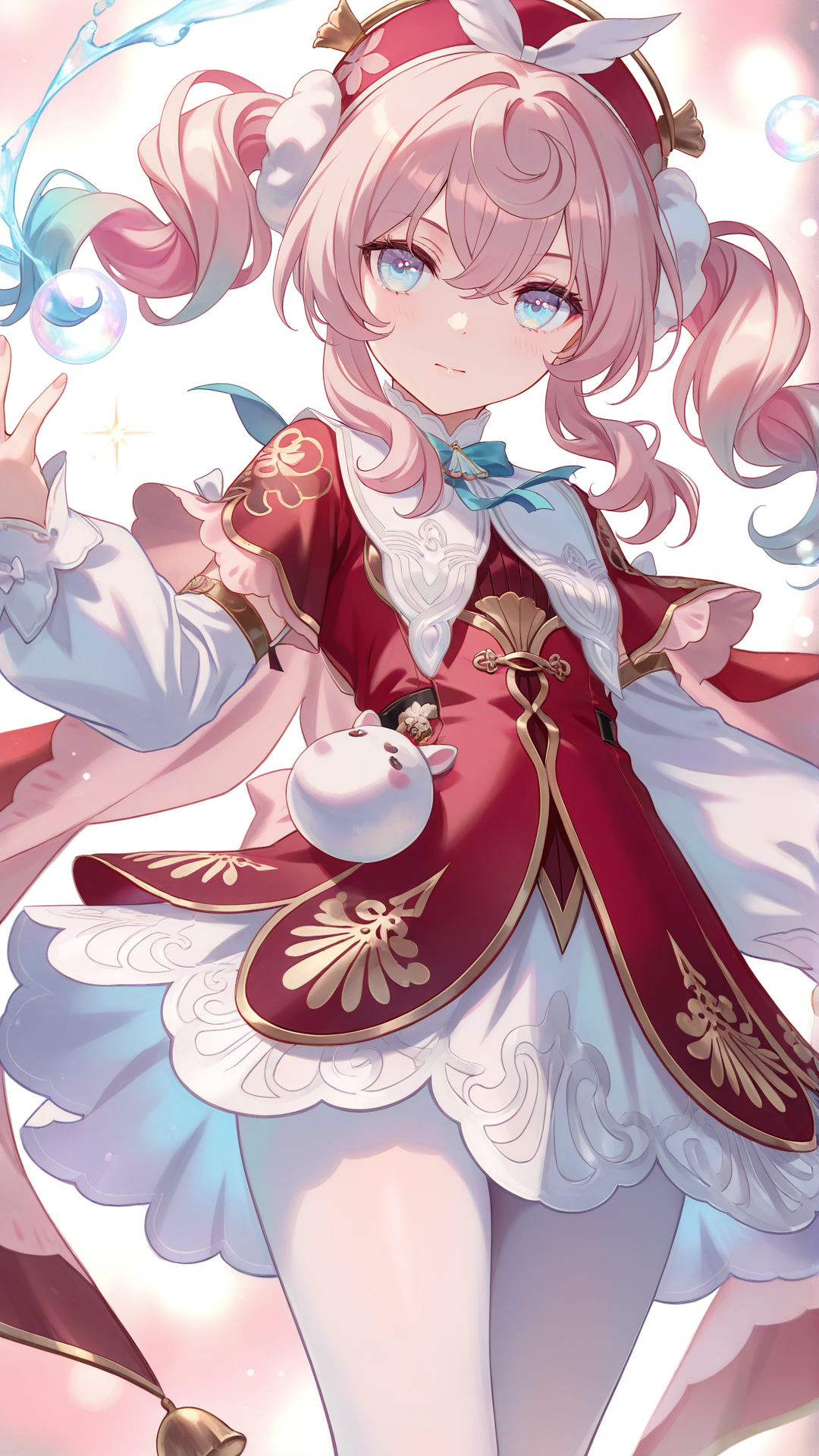 Pink background theme, sparks, bubbles, Blue eyes, Gradient hair, White pantyhose, Red dress, white skirt, best quality, masterpiece, best quality, masterpiece, best quality, masterpiece, <lora:hayacine:0.8>, (hayacine:1.5), (artist:toshizou \(0714\):1.05), (artist:jyt:0.91), (artist:misaka 12003-gou:0.91), (konya karasue:1.05), (rei \(sanbonzakura\):1.05), year 2023, (Torino aqua:1.0), Momoko, (artist:Morikura En:1.05), artist:Rella, (nanaken nana:0.95), artist:banishment, (wlop:0.86), ( :0.95)