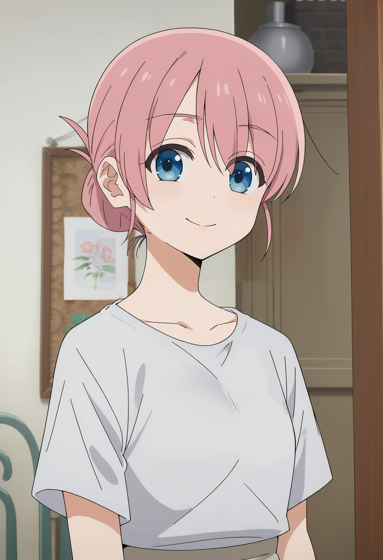 <lora:Michiyo_Gotou-Bocchi_the_Rock:0.8>,Michiyo,1girl,solo,hair bun,blue eyes,pink hair,shirt,upper body,looking at viewer,indoors,smile