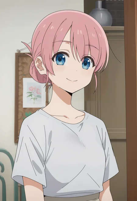 <lora:Michiyo_Gotou-Bocchi_the_Rock:0.8>,Michiyo,1girl,solo,hair bun,blue eyes,pink hair,shirt,upper body,looking at viewer,indoors,smile