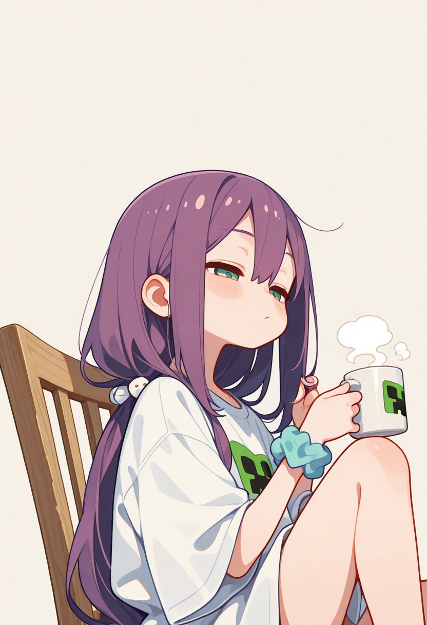 (masterpiece,best quality),amazing quality,absurdres,highres,incredibly absurdres,hyper detailed,

1girl, solo, sakura ritsuki, nijisanji, 
green eyes, hair between eyes, aqua eyes, purple hair, long hair, very long hair,
(oversized shirt:1.1), creeper print, wrist scrunchie, 

half closed eyes, :/, 
playing with own hair, holding coffee mug, steam, 
sitting, on chair, wooden chair, knee up, 
convenient leg, toes, 

(upper body:1.3), from side, (simple background:1.3), pastel color,haiz_ai, S4bit4mago_illu