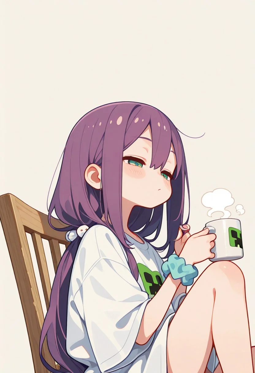 (masterpiece,best quality),amazing quality,absurdres,highres,incredibly absurdres,hyper detailed,

1girl, solo, sakura ritsuki, nijisanji, 
green eyes, hair between eyes, aqua eyes, purple hair, long hair, very long hair,
(oversized shirt:1.1), creeper print, wrist scrunchie, 

half closed eyes, :/, 
playing with own hair, holding coffee mug, steam, 
sitting, on chair, wooden chair, knee up, 
convenient leg, toes, 

(upper body:1.3), from side, (simple background:1.3), pastel color,haiz_ai, S4bit4mago_illu