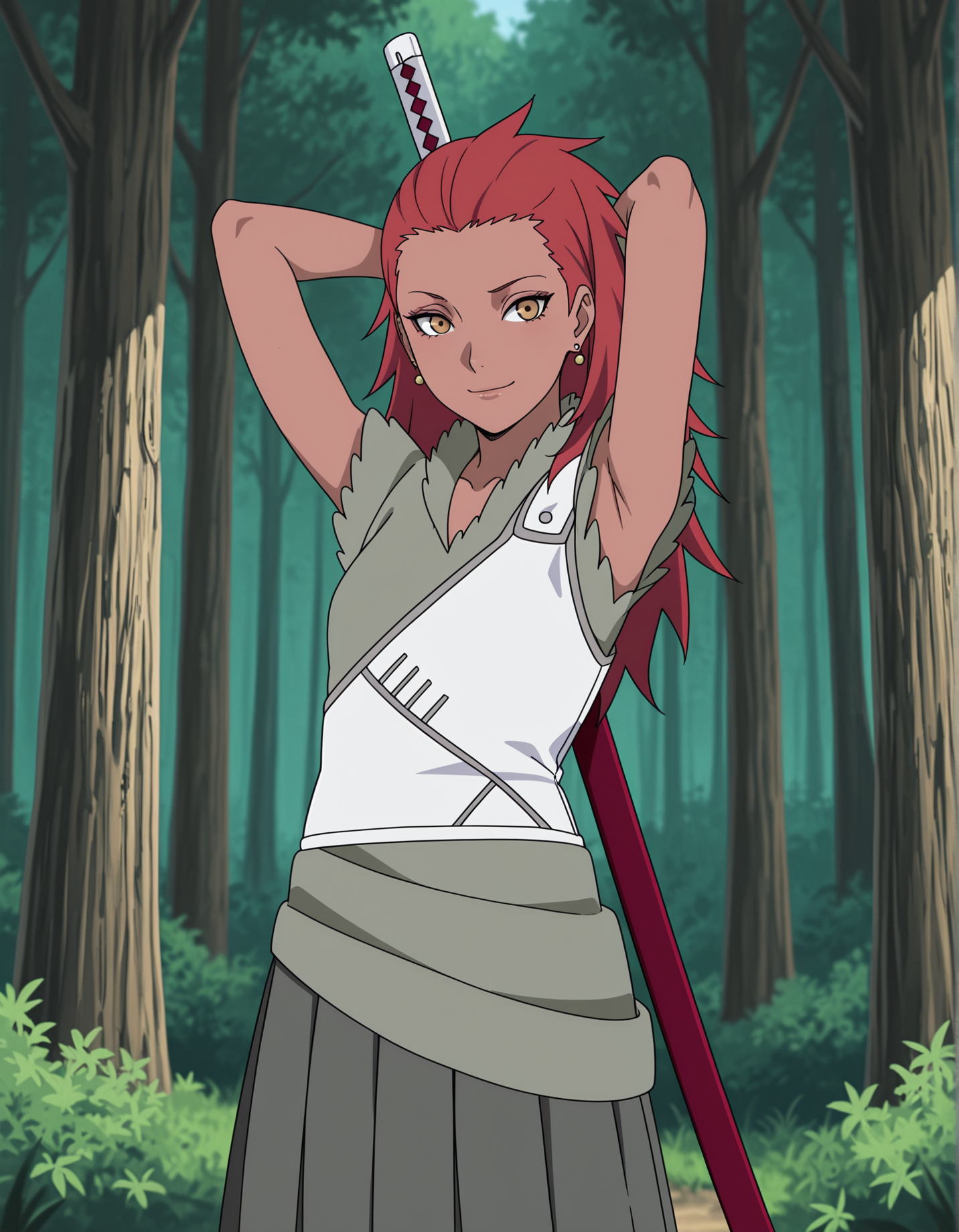 masterpiece,best quality, absurdres, highres,  <lora:Karui Illu:0.9> karuiillu, green shirt, white vest, grey skirt, earrings, katana on back, looking at viewer, outside, forest, arms behind head, smile