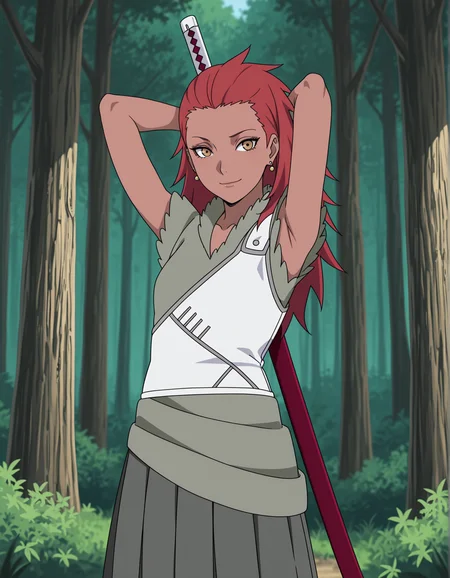 masterpiece,best quality, absurdres, highres, <lora:Karui Illu:0.9> karuiillu, green shirt, white vest, grey skirt, earrings, katana on back, looking at viewer, outside, forest, arms behind head, smile