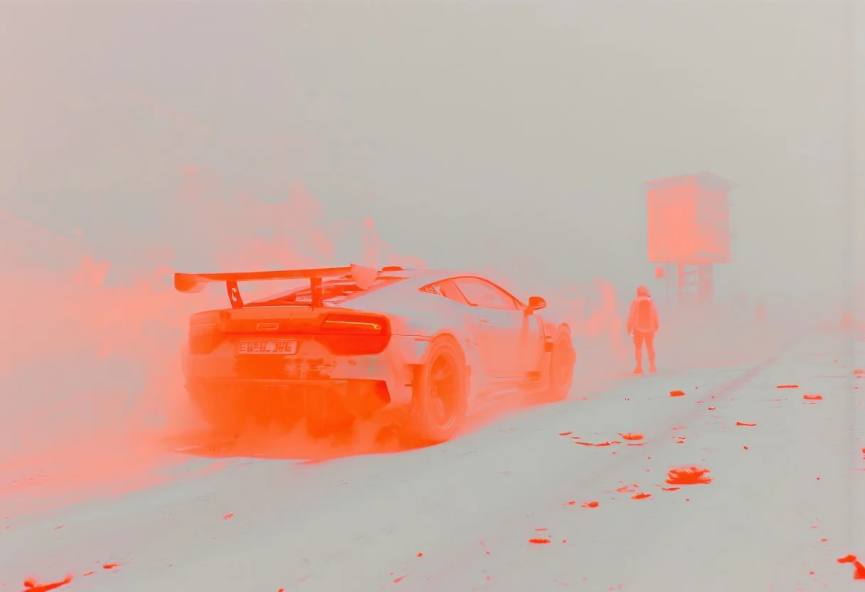 a Sports car Made of expanding Pixel, glitching, 3d Game Art, dots, voxel style, Elysium Desert race with reinforced cars and billowing neon-mist White dust, monochromatic with neon orange color pops