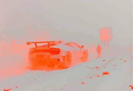 a Sports car Made of expanding Pixel, glitching, 3d Game Art, dots, voxel style, Elysium Desert race with reinforced cars and billowing neon-mist White dust, monochromatic with neon orange color pops
