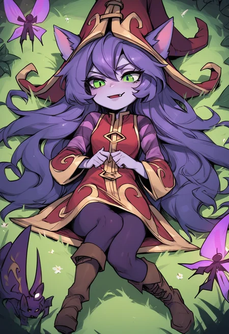 score_9, score_8_up, score_7_up, score_6_up,1u1u, lulu, 1girl, green eyes, yordle, colored skin, purple skin,long hair, purple hair, animal ears,dress, long sleeves,hat, witch hat, ears through headwear, boots, fairy <lora:Lulu_Default_v2:0.8>, lying on grass, <lora:Manwha_Anime_Style:0.8>,manhwastyle
