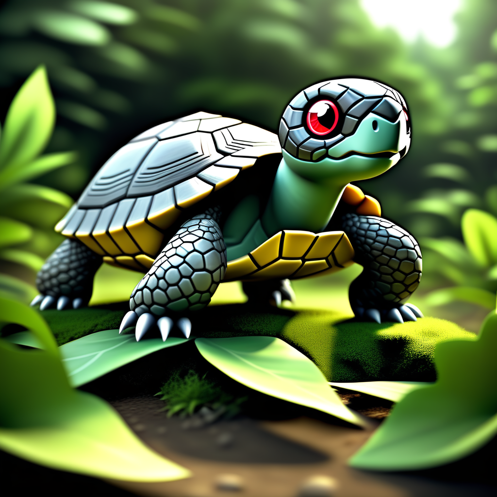realistic, pokemon (creature), blurry, solo, plant, outdoors, turtle, leaf, black eyes