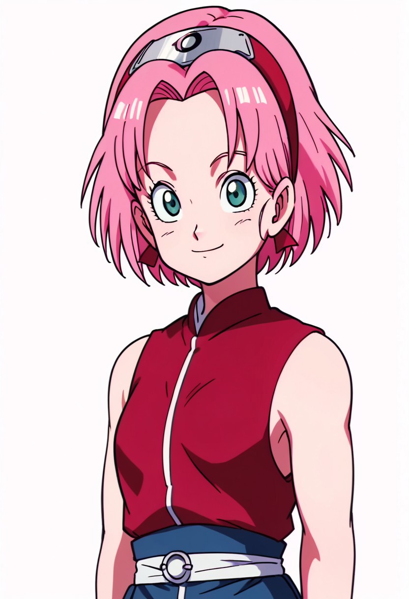 score_9, score_8_up, score_7_up, score_6_up, score_5_up, score_4_up, BREAK, source_anime,
1girl, haruno sakura, pink hair, short hair, green eyes, sleeveless, red shirt, forehead protector,
hands behind back, smile, upper body, looking at viewer, solo, simple background, white background, anime screencap, anime coloring   <lora:SakuraShippudenXL:1>, 90s dbz style, style dragon ball z girls 90s, retro style, style akira toriyama, .