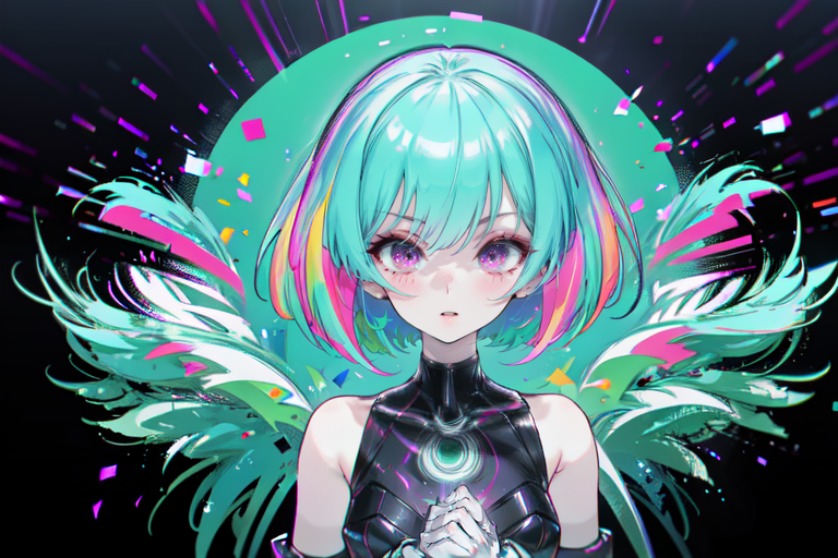 highly insanely detailed, masterpiece, top quality, best quality, highres, 4k, 8k, RAW photo, (very aesthetic, beautiful and aesthetic),  
(rsef style,fevercell style),glitch_effects,cybernetic_elements,futuristic_design,psychedelic_art,science_fantasy,holographic_effects,chromatic_aberration,neon_lighting,overlapping_shapes,vivid_colors, 
<lora:rsef-000225:1>, 
(1girl:1.3), 
1other, 
, 
, 
, 
, 
neon blue background,neon green background,(fluorescent background,bold color background,colored confetti background), 
,âââ
