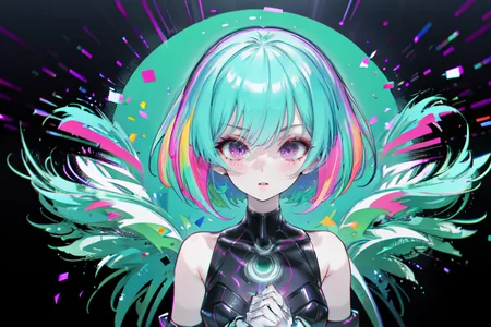 highly insanely detailed, masterpiece, top quality, best quality, highres, 4k, 8k, RAW photo, (very aesthetic, beautiful and aesthetic),  
(rsef style,fevercell style),glitch_effects,cybernetic_elements,futuristic_design,psychedelic_art,science_fantasy,holographic_effects,chromatic_aberration,neon_lighting,overlapping_shapes,vivid_colors, 
<lora:rsef-000225:1>, 
(1girl:1.3), 
1other, 
, 
, 
, 
, 
neon blue background,neon green background,(fluorescent background,bold color background,colored confetti background), 
,âââ