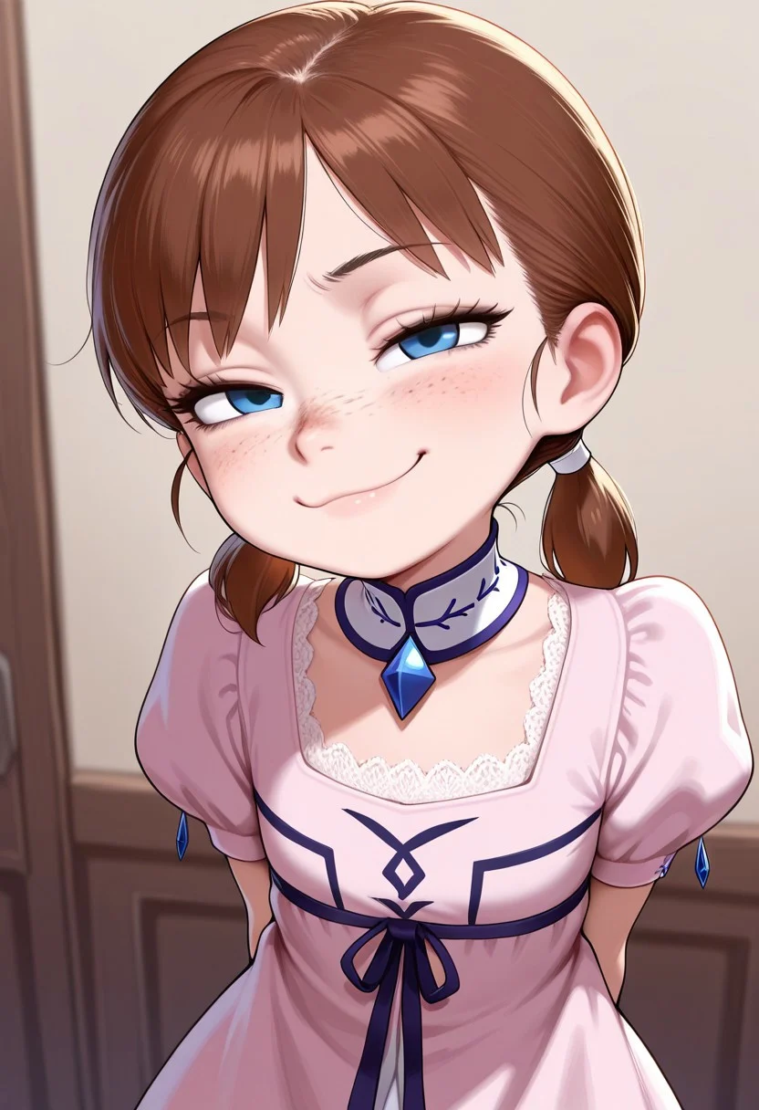 masterpiece, best quality, amazing quality, detailed,
1girl, cute, solo, general,
pink dress, puffy sleeves, smile, smug, sassy, lace dress, white choker, sleeveless, hands behind back,
<lora:anna_illustrious:0.75> anna_illus, blue eyes, twintails, freckles, brown hair,