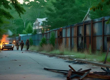 cinematic movie still of (zombies) in the woods, TWDAlexandriaWall visible between the trees, rusted metal, angled supports, old southern homes on fire at night, dirty street, hyperdetailed, shallow depth of field, f1.4, film look, gamma 2.4 <lora:TWDAlexandriaWall:1>