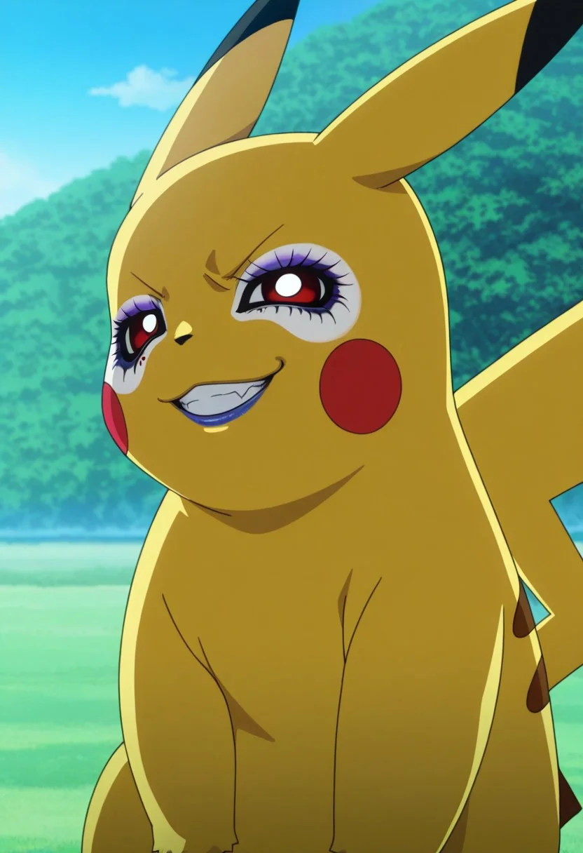 (no humans,pikachu, evil grin, :1.5)
yamanba,white facepaint makeup,
makeup, eyeshadow,
(white facepaint makeup), facial mark, face stickers, piercings, tattoos,
 BREAK
  (anime screenshot, anime screencap, anime coloring, :1.5)
(lens flare,Particles of Light,,:0.1) 
day,outdoor,
masterpiece,best quality,amazing quality,