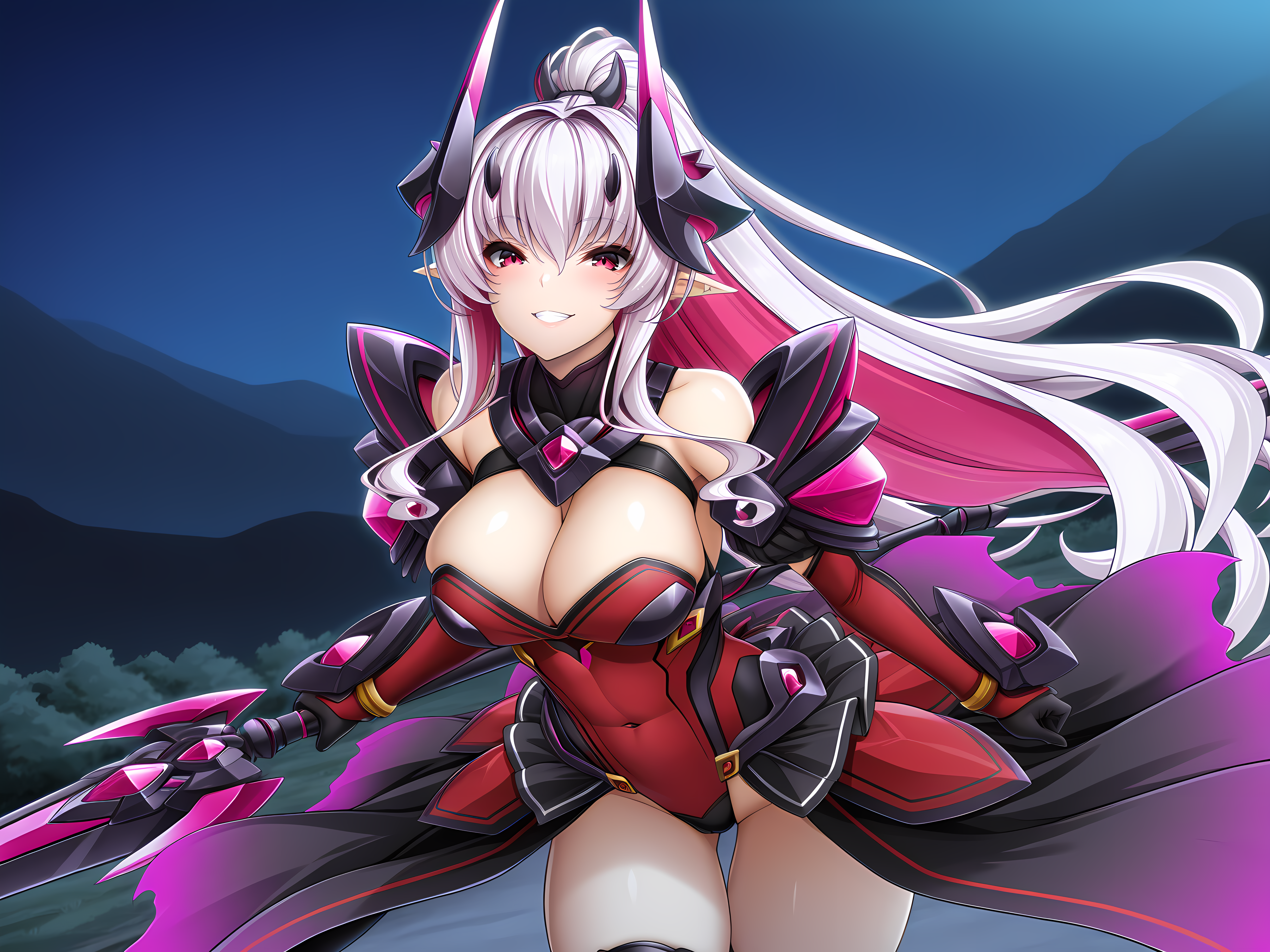 <lora:Ries_-_Illustrious:0.9>,abysstia,lusterise,cowboy shot,long hair,large breasts,grin,outdoors,horns,, masterpiece,best quality,amazing quality,