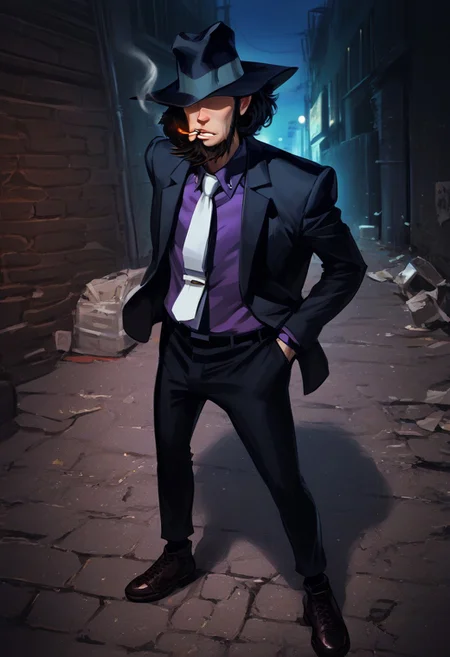 score_9, score_8_up, score_7_up, score_6_up, perfect anatomy, perfect proportions, best quality, masterpiece, high_resolution, high quality, best quality, best aesthetic, incredibly absurdres, highres, extremely detailed, huge filesize, male focus, solo male, adult, (mature, masculine, manly, virile, rugged, beefy, hunky, macho), handsome, charming, alluring, gay, bara, detailed face, rating_questionable, HD, BREAK Daisuke Jigeni, LP3Jigen, black hair, sideburns, facial hair, chinstrap beard, jawline beard, eyeless, hidden eyes, eyes in shadow, eyes hidden by shadows, fedora, LP3Jigen_outfit02, black suit, (purple shirt, purple collared shirt, white necktie, black blazer:1.3), black pants, black boots, BREAK holding weapon, holding gun, handgun, hand in pocket, aiming, full body, BREAK outdoor, dark environment, city, neon, night, closeup, dutch_angle, industrial pipe, industrial, trash can, night, alley, high walls, smoke, cigarette, cinematic, dynamic, cinematic still, emotional, harmonious, vignette, bokeh, cinemascope, moody, epic, gorgeous