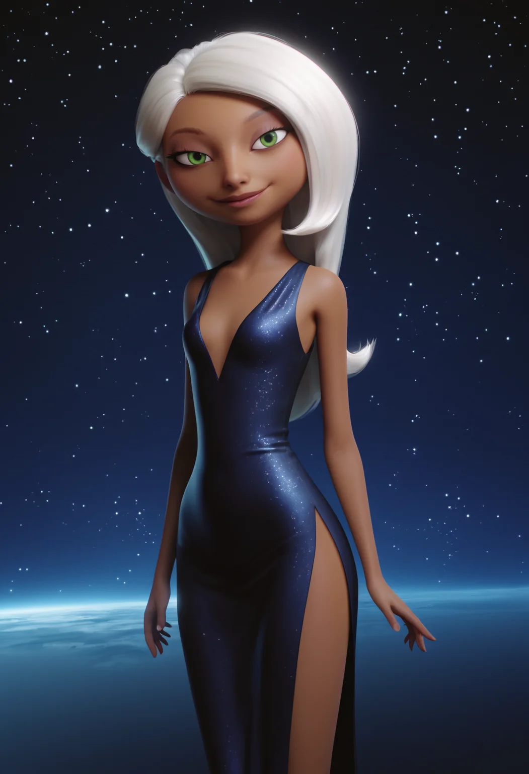 score_9,score_8_up,score_7_up,score_6_up,score_5_up,score_4_up BREAK
realistic,render,blender \(medium\),
1girl, mirage, white hair, long hair, green eyes, dark skin,
black evening gown, side slit,
standing, seductive smile, looking at viewer,
black background,starry background,galaxy background,dark,contrast,
<lora:Randommaxx_dark_offset_v1.1_lora_fp16:1>
<lora:MirageXLv2:1>