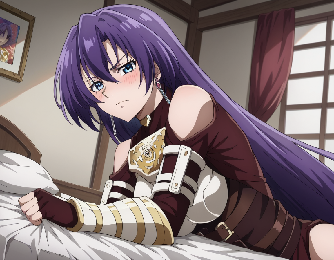 score_9, score_8_up, score_7_up, source_anime,
arthurpencilgon, <lora:arthur-pencilgon-ponyxl-lora-nochekaiser:1>,
arthur pencilgon, long hair, blue eyes, hair between eyes, very long hair, purple hair,
gloves, belt, armor, clothing cutout, breastplate, bare shoulders, earrings,
indoors, bed, bed room, on side, blush, drunk,
looking at viewer, dutch angle, cowboy shot,