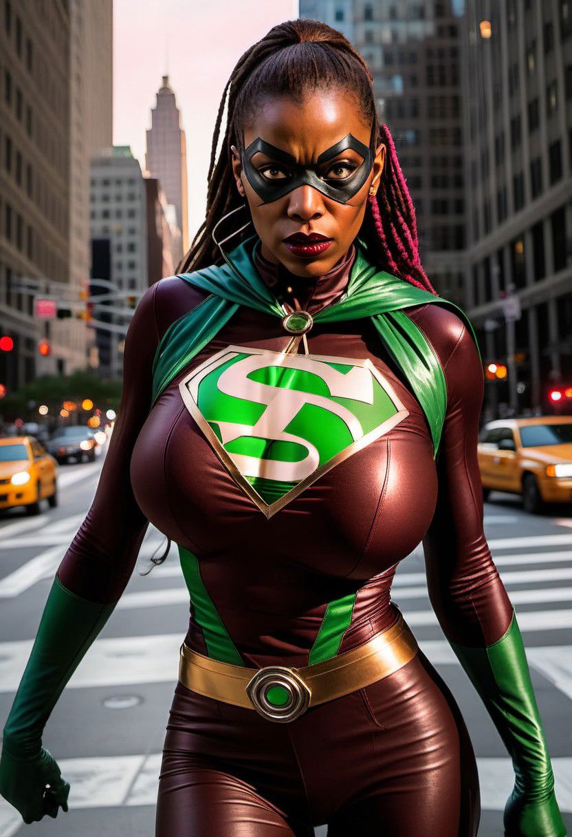 (elderly :0.5),African-American, female,  (brainwashed hypnotized possessed undercover superhero under mind-control:1.6), curvaceous, (perky brown nipples slipping out:1.5),brown skin, ombr red braids, shaved side, pink and muted green business suit, V-neckline, green bodice, pink-colored leggings, high-heeled boots, green hooded cape, confident, fashion-conscious, softer side, walking down the 5th Avenue, cinematic shot, dynamic lighting, 75mm, Technicolor, Panavision, cinemascope, sharp focus, fine details, 8k, HDR, realism, realistic, key visual, film still, cinematic color grading, depth of fieldcontact test, automatic film strip,kodak gold 800 analog film, ultra wide angle, faded, blurry, pixelated, damaged, high iso, motion blur
