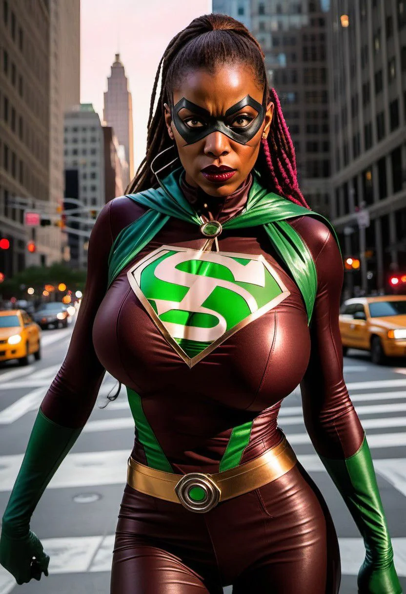 (elderly :0.5),African-American, female, (brainwashed hypnotized possessed undercover superhero under mind-control:1.6), curvaceous, (perky brown nipples slipping out:1.5),brown skin, ombr red braids, shaved side, pink and muted green business suit, V-neckline, green bodice, pink-colored leggings, high-heeled boots, green hooded cape, confident, fashion-conscious, softer side, walking down the 5th Avenue, cinematic shot, dynamic lighting, 75mm, Technicolor, Panavision, cinemascope, sharp focus, fine details, 8k, HDR, realism, realistic, key visual, film still, cinematic color grading, depth of fieldcontact test, automatic film strip,kodak gold 800 analog film, ultra wide angle, faded, blurry, pixelated, damaged, high iso, motion blur
