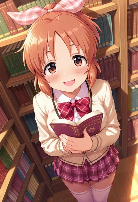 masterpiece,best quality,amazing quality, abe nana, brown hair, brown eyes, ponytail, 1girl, book, solo, thighhighs, skirt, smile, bookshelf, plaid, open mouth, looking at viewer, bow, white thighhighs, blush, school uniform