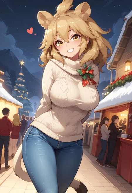 1girl, ((solo)), best quality, ultra-detailed, extremely detailed, perfect anatomy, masterpiece, score_9, score_8_up, score_7_up, Expressiveh, lion (kemono friends), blonde hair, animal ears, tail, yellow eyes, long hair, hair between eyes, fur scarf, scarf, Christmas scarf, big breasts, curvy, tall, voluptuous, wide hips, comfy sweater, Christmas sweater, jeans, pants, fully clothed, looking at viewer, smiling, eager, excited, happy, hearts, outdoors, night time, night, Christmas festival background, carnival, carnival games, Christmas decorations, winter, walking, posing, shuuko, dutch angle, leaning forward, hands behind back,