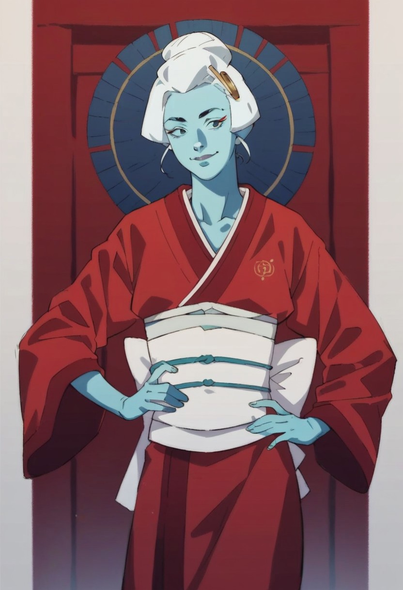 score_9_up, score_8_up, score_7_up, score_6_up, 1girl, solo, Babi-0nna, colored skin, blue skin, blue eyes, white hair, short hair, single hair bun, hair ornament, red kimono, long sleeves, wide sleeves, white obi, one hand on hip, sly smile, standing, (japanese temple), (realistic, painted art)