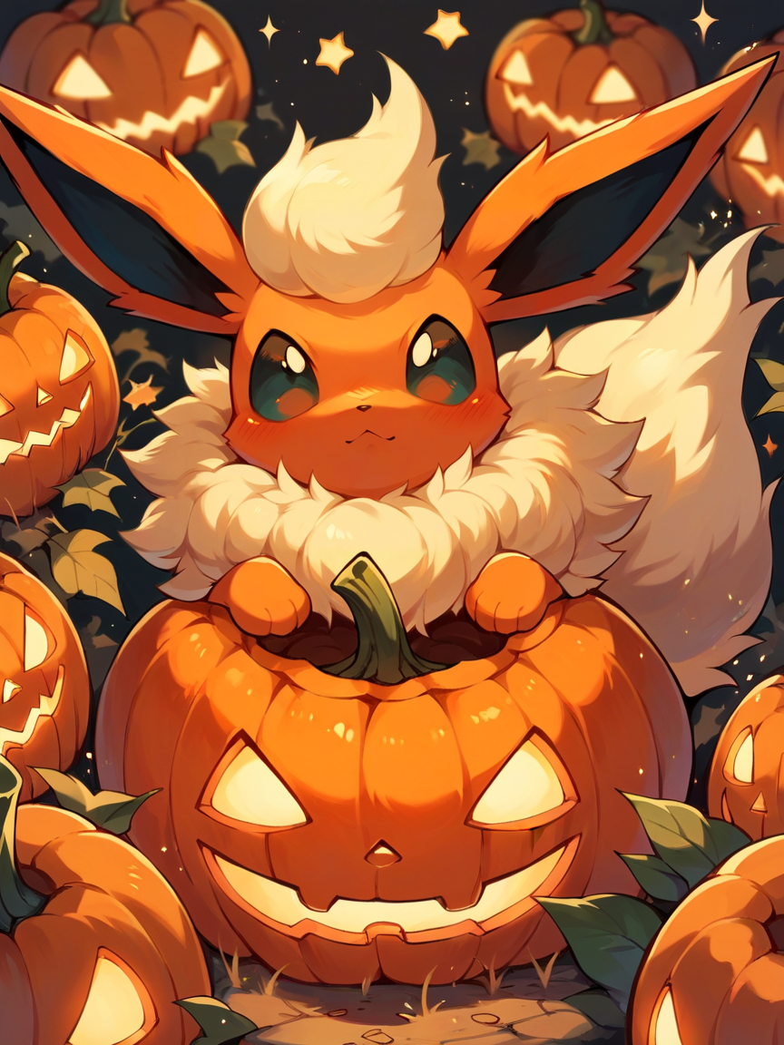 score_9, score_8_up, score_7_up, score_6_up, score_5_up,   <lora:halloweenpokemonXLP:0.7> halloween pokemon, no humans, jack-o'-lantern, (flareon:1)