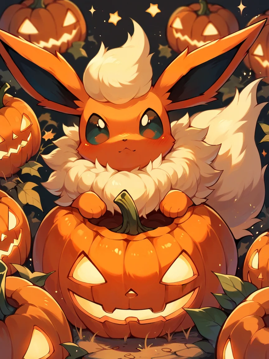 score_9, score_8_up, score_7_up, score_6_up, score_5_up, <lora:halloweenpokemonXLP:0.7> halloween pokemon, no humans, jack-o'-lantern, (flareon:1)