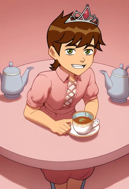 deadinsidestyle, (chb), from slight above angle, sitting at table, tea cup, tea pot, pink theme, pink dress, tiara, ((Solo)), Looking at viewer, Smiling,