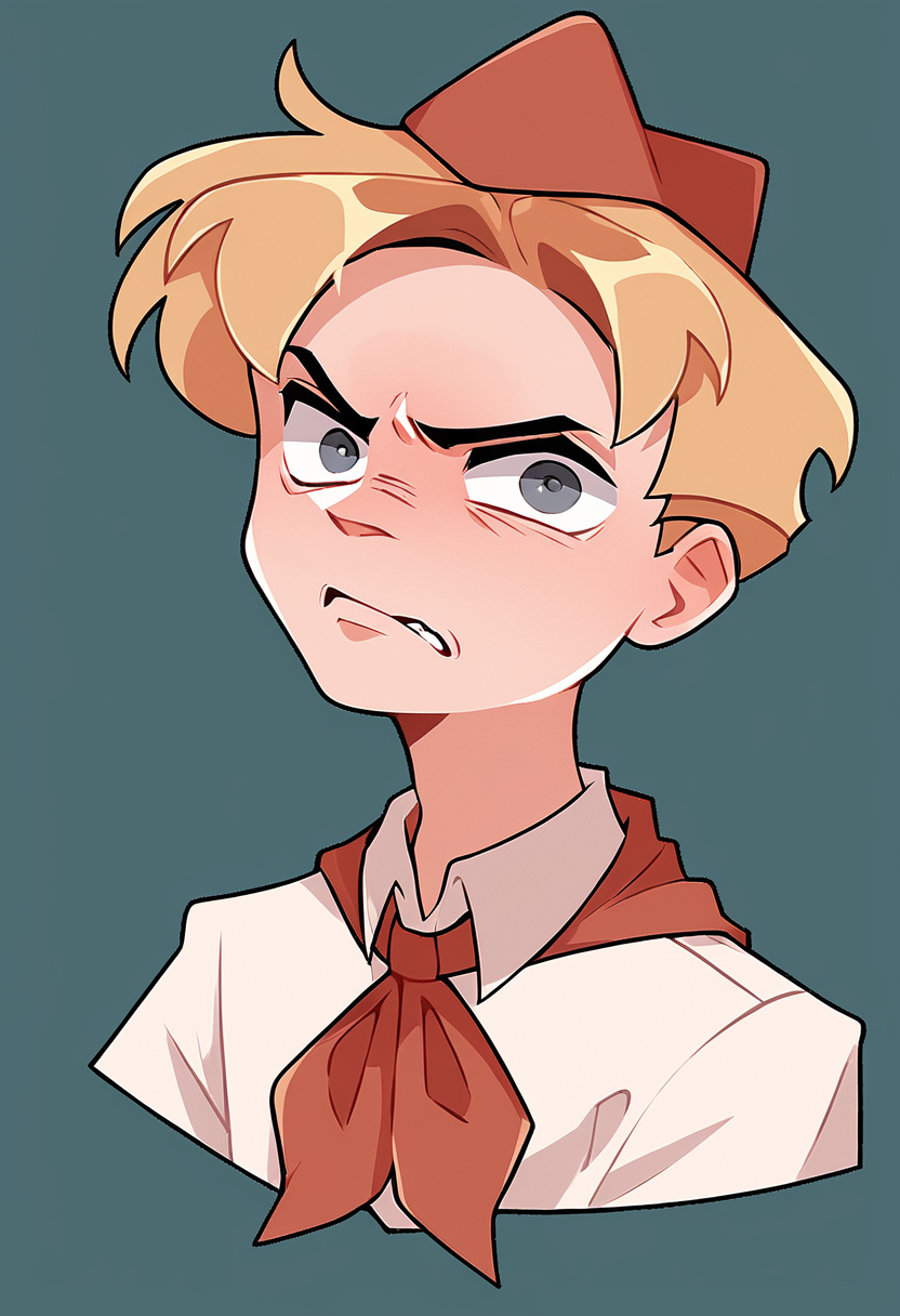 score_9, score_8_up, score_7_up, best quality, highres, blonde hair, solo, shirt, white shirt, simple background, short hair, upper body, 1boy, neckerchief, grey eyes, hat, red neckerchief, disgusted, looking at viewer, <lora:VladikVk_stikersÐÐ»Ð°Ð´Ð¸Ðº:1>