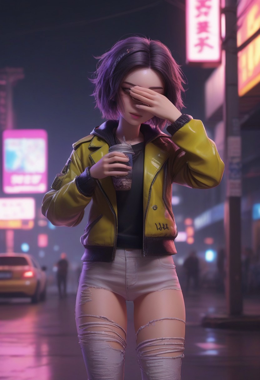 ((covering eyes, shy:1.25)), realistic, RAW, 85mm, aesthetic, 
BREAK, 
1girl, highly detailed face, cyberpunk clothing, neon jacket, natural skin texture, "buzz me?", buzz), 
BREAK, 
outside, late night, neon signs, cyberpunk setting, detailed background, retro aesthetic, dramatic lighting, neon theme, purple theme, nostalgic, 