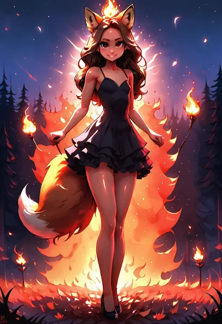 (1girl:2.0), dark brown hair, colorful, very high quality, perfect, (insane details:1.3), (dark brown fox ears and three fox tails:1.5), (3 fox tails:1.5), HDR, UHD, 64K, highly detailed, (magically hovering red flame above hand:1.3), (tip of tails covered in red flames:1.3), (tip of tails engulfed in red flames1.3), (night sky:1.4), (dark forest:1.4), (looks tough:1.3), (wearing red and black dress:1.2), (no flames everywhere:1.4), (human:1.5), (high quality:1.5), (pretty:1.5), revealing dress, score_9, score_8_up, score_8, score_9, 1girl, miniature,
small chest, petite body, showing lots of skin, very sexy, very cute, long legs, shiny skin, dark brown hair, red eyes,
volumetric lighting, cinematic lighting