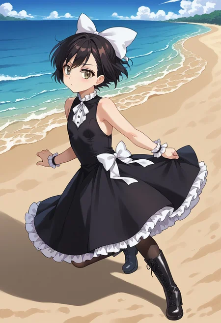 source_anime, 1boy, solo, black hair, short hair, brown eyes, flat breast, medium ass, mestizo skin, full body, hair bow, white bow, black pantyhose, sleeveless, detached sleeves, black boots, black dress, gothic, lace, waist back white bow, frill, clothing cutout, frilled dress, gothic dress, beach, wind is blowing, wind moves her skirt, ash wears a white bow on one side of her head (just a hair bow nothing else), and other big white bow on low back,
ash3,