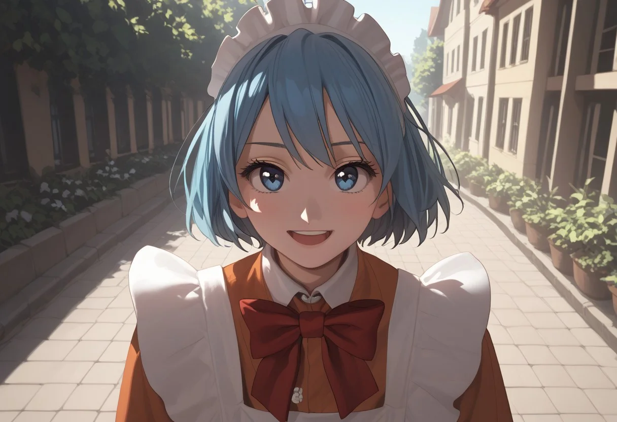 abbystea style, score_9, score_8_up, score_7_up, best quality, high detailed, BREAK
female, solo, long eyelashes, cute, 
Chikoi the Maid, maid, white maids headband, blue hair, short hair, blue eyes, Red bow tie, orange maid suit
looking at you,
scenery porn, outdoors,
sunlight, high angle, face focus, saturated colors, smile, open mouth