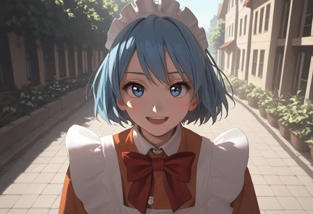 abbystea style, score_9, score_8_up, score_7_up, best quality, high detailed, BREAK
female, solo, long eyelashes, cute,
Chikoi the Maid, maid, white maids headband, blue hair, short hair, blue eyes, Red bow tie, orange maid suit
looking at you,
scenery porn, outdoors,
sunlight, high angle, face focus, saturated colors, smile, open mouth