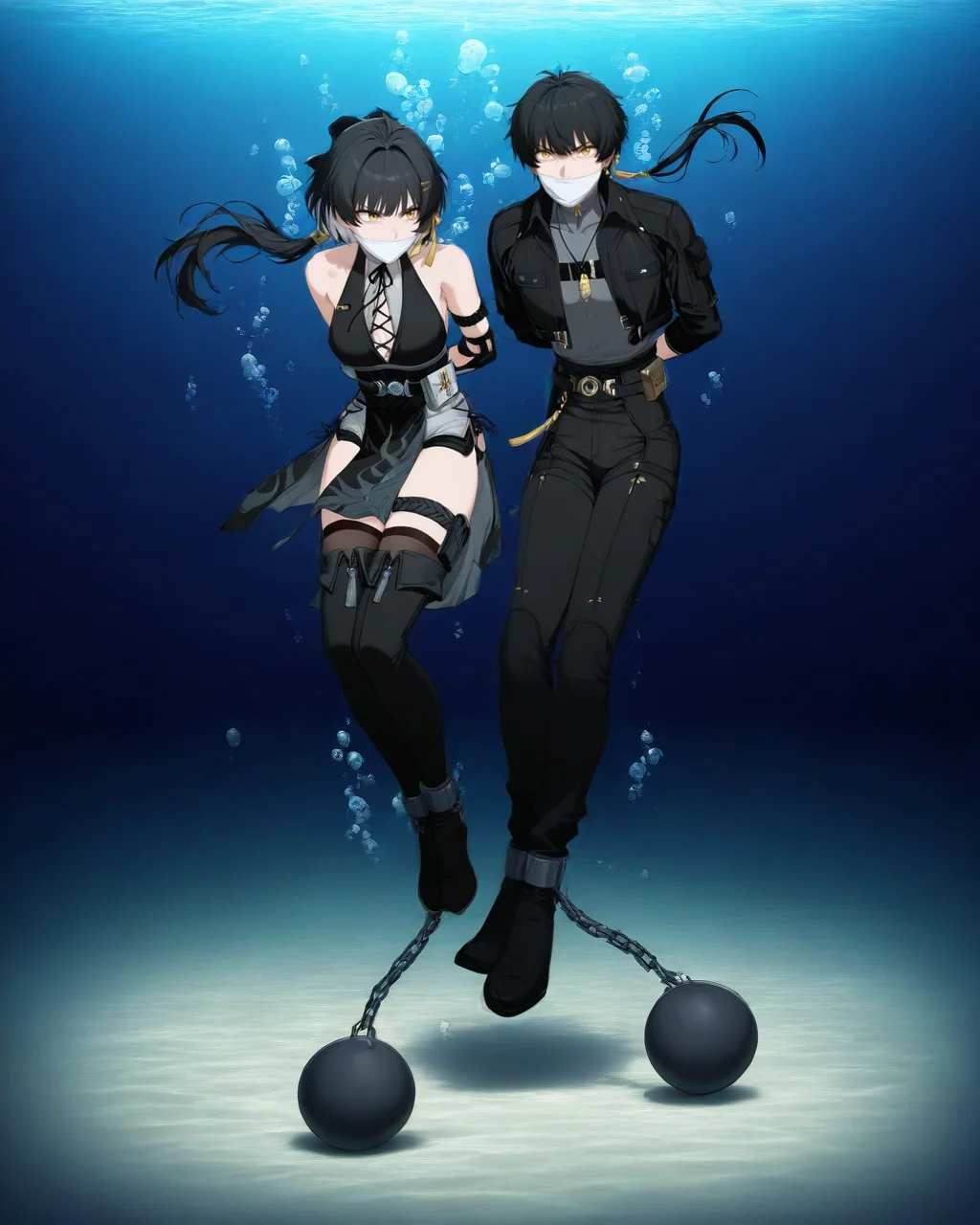 high quality, masterpiece, best quality,  night, dark, seafloor, facing viewer, simple background, 
1boy, 1girl, mature male, mature female, full body, 
((arms behind back, bound arms, legs together, bound knees, bound ankles)), cloth gag, over the mouth gag, captured, thigh strap, underwater, drowning, sinking,  angry, struggling, <lora:IronBall100_512_Illust_Rev4:0.7> , ball and chain restraint,  ankle cuffs, 
BREAK female rover \(wuthering waves\), bare shoulders, ninja, black dress, pelvic curtain, thighhighs, thigh boots, yellow eyes, black hair, ponytail, 
BREAK male rover \(wuthering waves\), jacket, black pants, yellow eyes, black hair, ponytail, hair_over_f