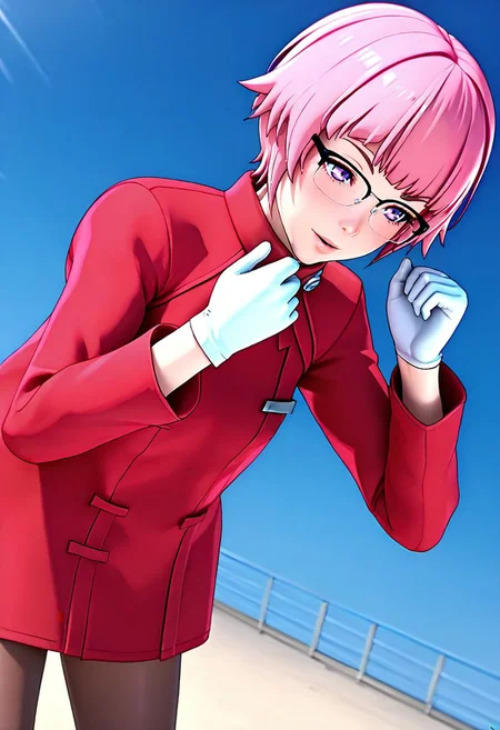 <lora:sdxl_lightning_8step_lora:1> <lora:Fixhands_anime_bdsqlsz_V1:1>score_9, score_8_up, score_7_up, source_anime, intricate details, perfect anatomy BREAK
1girl, solo, gis-esakipurin, pink hair, short hair, purple eyes, black-framed eyewear, red coat, white gloves, gis-esakipurin outfit, brown pantyhose, black boots,
dutch angle, hands up, Passionate, A heated look, a flushed face, and a quickened breath., outdoors,
<lora:gis-esakipurin_XL(pony)fix:0.9>