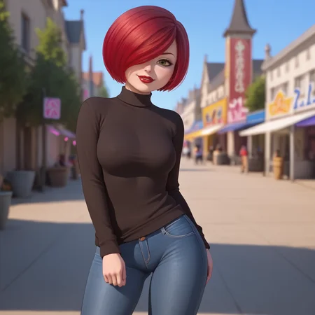 <lora:magicianladybug_pony_v1:.7> MagicianLadyBug, 1girl,  short hair,  hair over one eye, red hair, lipstick, makeup, cowboy shot, sweater, jeans
